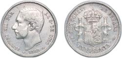 World Coins - Spain Kingdom 1882/1 *18-82 MSM 1 Peseta - Alfonso XII (2nd portrait) Silver (.835) Madrid Mint 4.89g VF KM 686 Cal 56