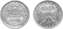 World Coins - Germany Germany - 1871-1948 Weimar Republic 1925 D 1 Reichsmark Silver (.500) Munich Mint (13853834) 5g VF KM 44 AKS 35 J 319 Schön DM 43