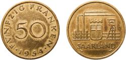 World Coins - Germany Saar Saar French Protectorate 1954 50 Franken Aluminium bronze (Aluminium 85%; Copper 15%) Paris Mint (5300000) 8.07g XF  KM 3 J 803 Schön 3