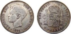 World Coins - Spain Kingdom Alfonso XIII 1896 *18-96 PGV 5 Pesetas 3rd portrait
