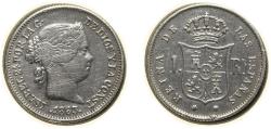 World Coins - Spain Kingdom 1863 1 Real - Isabel II Silver (.900) Seville Mint 1.3g XF Cleaned KM 606.3