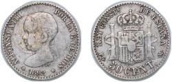 World Coins - Spain Kingdom 1892 *2-2 PGM 50 Centimos - Alfonso XIII (1st portrait) Silver (.835) Madrid Mint 2.5g VF KM 690 Cal 54