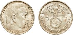 World Coins - Germany Third Reich 1939 J 5 Reichsmark (Paul von Hindenburg) Original luster Silver (.900) Hamburg Mint (1710000) 13.76g AU  KM 94 AKS 28 J 367 Schön 91