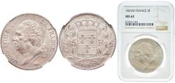 World Coins - France Kingdom 1824 W 5 Francs - Louis XVIII (bare head) Original luster Silver (.900) Lille Mint (9803290) 25g NGC MS 62  Franc 2014 309 Gad 1789 614 KM 711