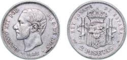 World Coins - Spain Kingdom 1882 *18-82 MSM 2 Pesetas - Alfonso XII Silver (.835) Madrid Mint 9.91g XF KM 678 Cal 46