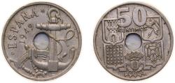 World Coins - Spain Nationalist Government 1949 *51 50 Centimos (Anchor; Arrows down) Copper-nickel (75% copper, 25% nickel) Madrid Mint (990000) 4g AU KM 776 Cal 104