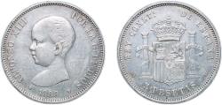 World Coins - Spain Kingdom 1888 *18-88 MPM 5 Pesetas - Alfonso XIII (1st portrait) Silver (.900) (10643900) 25.05g XF KM 689 Cal 12
