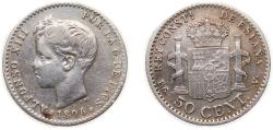 World Coins - Spain Kingdom 1896 *9-6 PGV 50 Centimos - Alfonso XIII (3rd portrait) Silver (.835) Madrid Mint (296930) 2.5g XF KM705