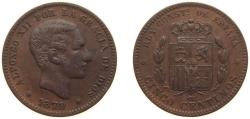 World Coins - Spain Kingdom 1879 OM 5 Centimos - Alfonso XII Bronze (95% copper, 4% tin, 1% zinc) Barcelona Mint (54994000) 5g AU KM 674