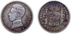 World Coins - Spain Kingdom 1903 *19-03 SMV 1 Peseta - Alfonso XIII (4th portrait) Silver (.835) Madrid Mint (10602000) 5g VF KM721