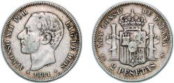World Coins - Spain Kingdom 1881 *18-81 MSM 2 Pesetas - Alfonso XII Silver (.835) Madrid Mint (3639219) 9.87g VF  KM 678 Cal 46