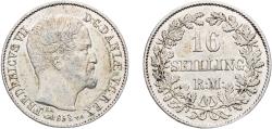 World Coins - Denmark Kingdom 1858 16 Skilling Rigsmønt - Frederik VII Silver (.500) Copenhagen Mint 3.88g UNC  KM 765