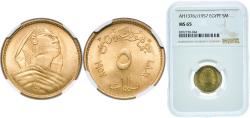 World Coins - Egypt Republic AH1376 (1957) 5 Milliemes (small Sphinx) Aluminium bronze (Copper 92%, Aluminium 8%) Cairo Mint 3.6g NGC MS 65  KM 378 MHC 305