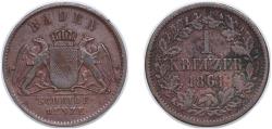 World Coins - Germany Grand-duchy of Baden German states 1861 1 Kreuzer - Frederick I Copper (725920) 4.05g XF KM 242 AKS 132