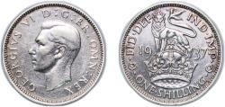 World Coins - Great Britain United Kingdom 1937 1 Shilling - George VI (English crest; with 'IND:IMP') Silver (.500) Royal Mint (Tower Hill) (8359100) 5.66g XF KM 853 Sp 4082