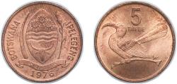 World Coins - Botswana Republic 1976 5 Thebe (reeded edge) Bronze (97% Copper, 2.5% Zinc, 0.5% Tin) Royal Mint (3000000) 2.7g UNC KM 4 Schön 5