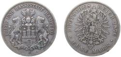 World Coins - Germany Free Hanseatic city of Hamburg Second Empire 1876 J 5 Mark Silver (.900) Hamburg Mint (930000) 27.777g VF KM 598 J 62