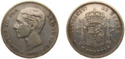 World Coins - Spain Kingdom 1881*18-?1 MSM 5 Pesetas - Alfonso XII (2nd portrait) Silver (.900) Madrid Mint (699000) 25g VF KM 676