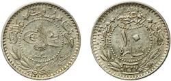 World Coins - Ottoman Empire AH1327 (1911) ٣ 10 Para - Mehmed V ("Reshat" right of Toughra) Nickel Konstantiniyye / Qustantiniyah Mint (2576000) 2.6g XF  KM 760 Schön 272