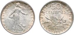 World Coins - France Third Republic 1918 50 Centimes Silver (.835) (36491942) 2.5g UNC  Franc 2014 190 Gad 1789 420 KM 854 Schön 186