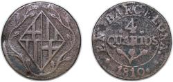 World Coins - Spain Principality of Catalonia Kingdom 1810 4 Quartos (Cast coinage) Copper Barcelona Mint 7.58g VF Cal 78 KM 67a