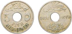 World Coins - Egypt AH 1335 (1916) 5 Milliemes - Hussein Kamel Copper-nickel (3000000) 4.75g VF  KM 315 Schön 27