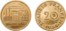 World Coins - Germany Saar Saar French Protectorate 1954 20 Franken Aluminium bronze (Aluminium 85%; Copper 15%) Paris Mint (12950000) 4g XF  KM 2 J 802 Schön 2