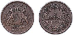 World Coins - Germany Grand-duchy of Baden German states 1859 ½ Kreuzer - Frederick I Copper Staatliche Münze Baden-Württemberg Mint (219000) 2.16g XF KM 241 Wielandt Bad. 1142 AKS 134