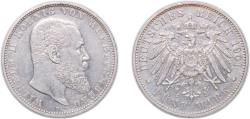 World Coins - Germany Kingdom of Württemberg German states 1901 F 5 Mark - William II Silver (.900) (210700) 27.778g XF KM 632 J 176 Schön 11 AKS 143 Dav GT III 964