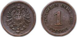 World Coins - Germany Germany - 1871-1948 Second Empire 1889 G 1 Pfennig - Wilhelm I (type 1 - large shield) Copper (Cu 950, Sn 40, Zn 10) (3410658) 1.94g XF KM 1 AKS 20 J 1 Schön 1 Neum 35