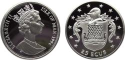 World Coins - Isle of Man British dependency Elizabeth II 1994 25 ECUS Fantasy items, Viking boat on shield