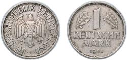 World Coins - Germany Federal Republic of Germany 1954 J 1 Deutsche Mark Copper-nickel (75% Copper, 25% Nickel) Hamburgische Münze, (5341000) 5.5g VF KM 110 J 385 Schön 108