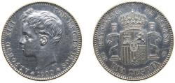 World Coins - Spain Kingdom 1900 *19-00 SMV 1 Peseta - Alfonso XIII (3rd portrait) Silver (.835) Madrid Mint (18650000) 5g AU KM706 Cal41