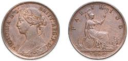 World Coins - Great Britain United Kingdom 1860 1 Farthing - Victoria (2nd portrait; 1st type) Bronze Royal Mint (Tower Hill) 2.83g AU KM 747 Sp 3958
