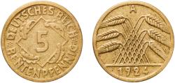 World Coins - Germany 1924 A 5 Rentenpfennig Aluminium bronze Berlin Mint (171965942) 2.44g XF  KM 32 AKS 48 J 308 Schön 31