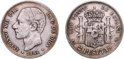 World Coins - Spain Kingdom 1884 *18-84 MSM 2 Pesetas - Alfonso XII Silver (.835) Royal Mint of Spain (2838932) 9.89g VF  KM 678 Cal 46