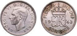 World Coins - Great Britain United Kingdom United Kingdom 1943 6 Pence - George VI (1st coinage) Silver (.500) Royal Mint (Tower Hill) (46927100) 2.82g XF  KM 852 Sp 4084 Schön 38