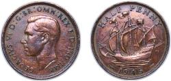 World Coins - Great Britain United Kingdom 1945 ½ Penny - George VI (with 'IND:IMP') Bronze Royal Mint (Tower Hill) (57000000) 5.67g XF KM 844 Sp 4115