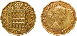 World Coins - Great Britain United Kingdom Kingdom of England 1957 3 Pence - Elizabeth II (1st portrait; without 'BRITT:OMN') Nickel brass (79% Cu, 20% Zn, 1% Ni) Royal Mint (Tower Hill) (24294