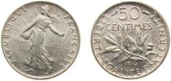 World Coins - France Third Republic 1916 50 Centimes Silver (.835) Paris mint (52962657) 2.5g AU F190 Gad420 KM854 Schön186