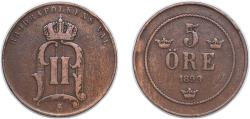 World Coins - Sweden Kingdom 1899 5 Öre - Oscar II (large letters) Bronze (1225160) 7.75g XF KM 757 Schön 3