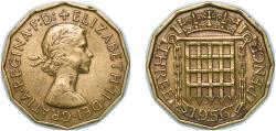 World Coins - Great Britain United Kingdom 1956 3 Pence - Elizabeth II (1st portrait; without 'BRITT:OMN') Nickel brass (79% Cu, 20% Zn, 1% Ni) (36801600) 6.93g XF KM 900 Sp 4153
