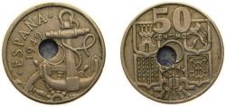 World Coins - Spain Nationalist Government 1949 *19-56 50 Centimos (Arrows up) Copper-nickel (75% copper, 25% nickel) Madrid Mint (38000000) 4g XF Hole displaced Central KM 777 Cal 105 Schön 27
