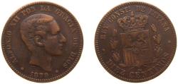 World Coins - Spain Kingdom 1879 OM 10 Centimos - Alfonso XII Bronze (95% copper, 4% tin, 1% zinc) Barcelona Mint (56313000) 10g VF KM 675