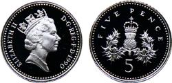 World Coins - Great Britain United Kingdom Elizabeth II 1990 5 Pence 3rd portrait, small type