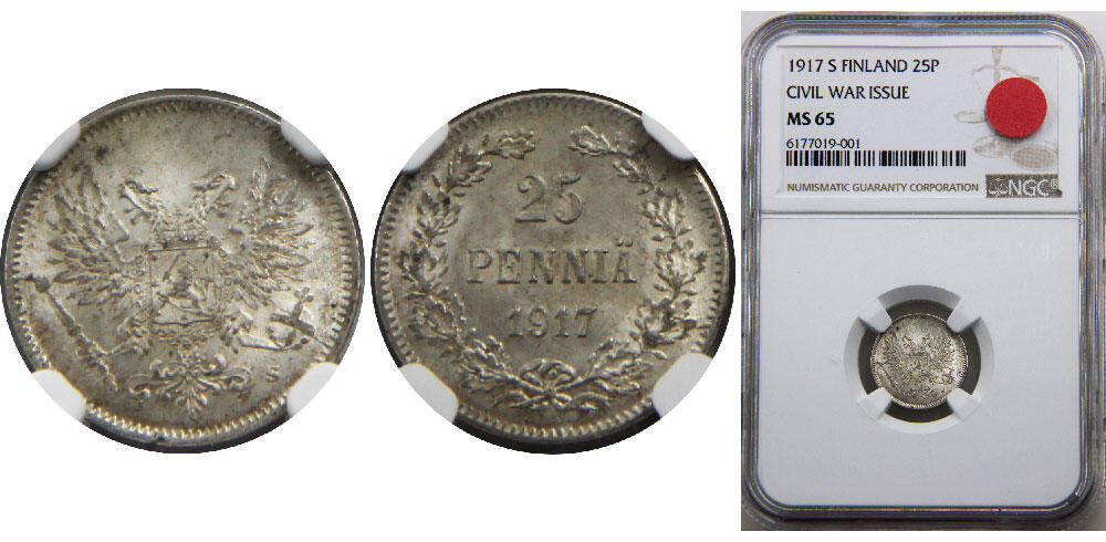 フィンランド 25ペンニ 1917 【NGC MS65】 世界コイン