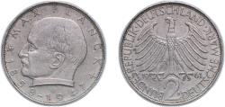 World Coins - Germany Federal Republic of Germany 1961 F 2 Deutsche Mark (Max Planck) Copper-nickel (75% Copper, 25% Nickel) Staatliche Münze Baden-Württemberg Mint (3872000) 7g VF KM 116 J 392
