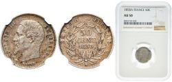 World Coins - France Kingdom 1858 A 50 Centimes - Napoleon III Silver (.900) Paris Mint (5556511) 2.5g NGC AU 50  Franc 2014 187 Gad 1789 414 KM 794