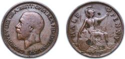 World Coins - Great Britain United Kingdom 1929 ½ Penny - George V (smaller portrait) Bronze (25680000) 5.58g VF KM 837 Sp 4058