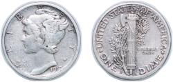 Us Coins - United States Federal republic 1917 S 1 Dime "Mercury Dime" Silver (.900) San Francisco Mint (27330000) 2.5g VF KM 140 Schön 133